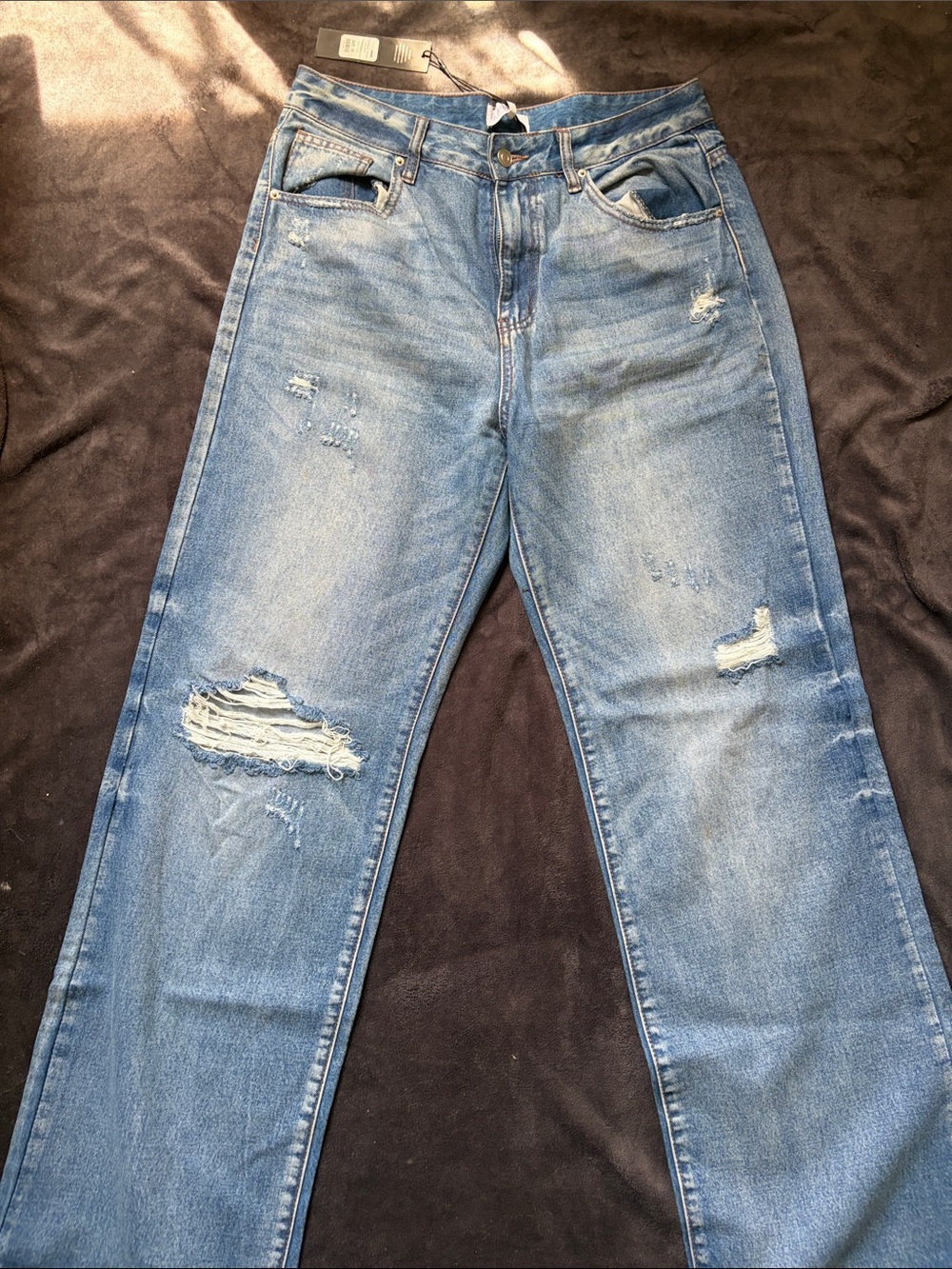 Women's Distressed Blue Jeans - Classic Straight Fit